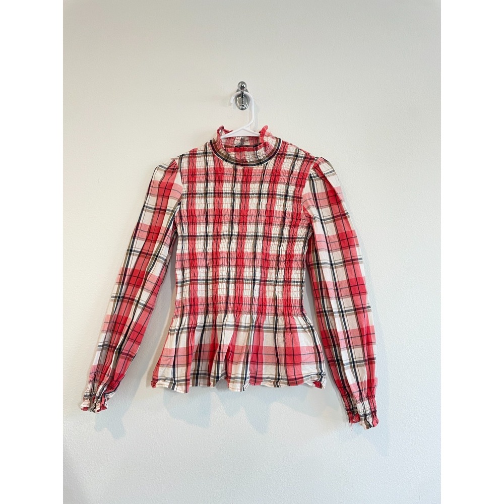 Zara Smocked Top Women S Red Plaid Mock‎ Neck Peplum Cottagecore Equestrian